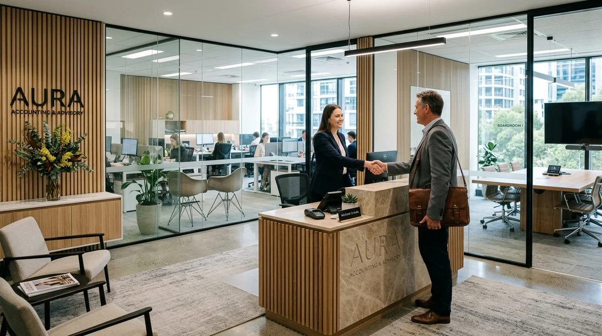 Modern Australian accounting firm office with partners reviewing financial dashboards