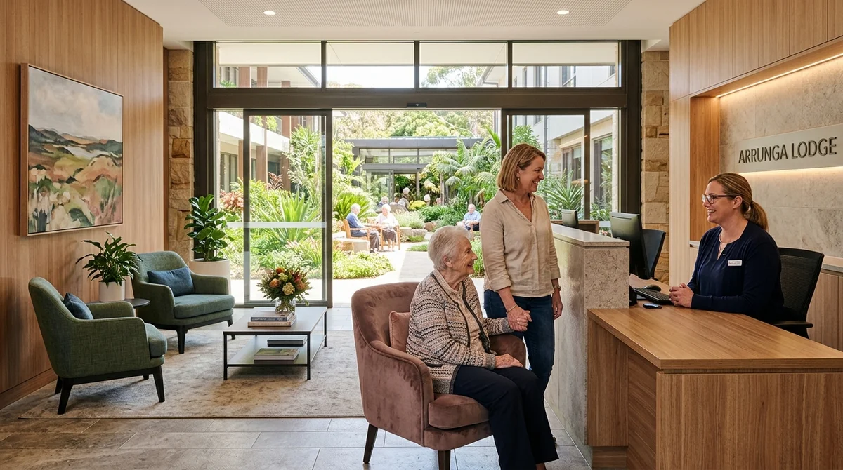 Warm modern Australian residential aged care facility with staff assisting family