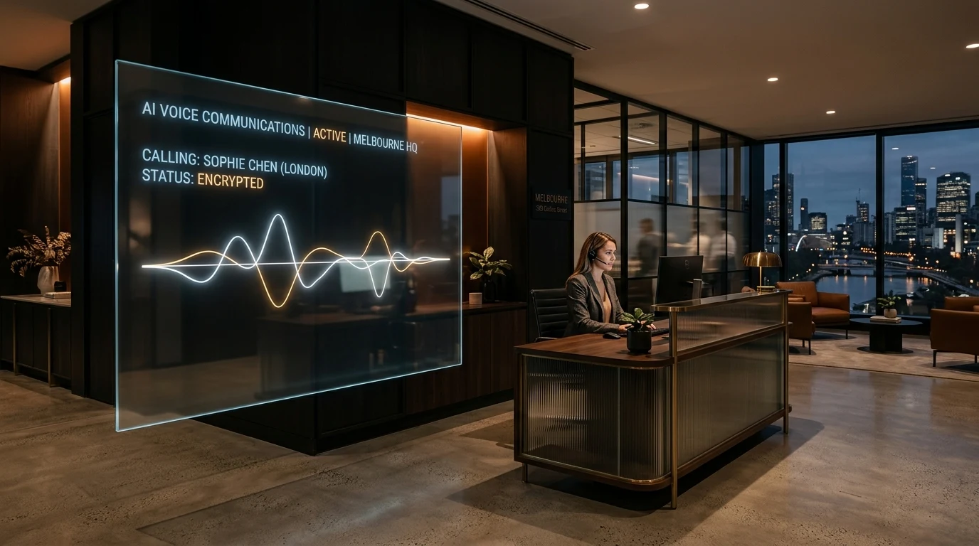 Intelligent AI voice communications system interface in modern Melbourne corporate office