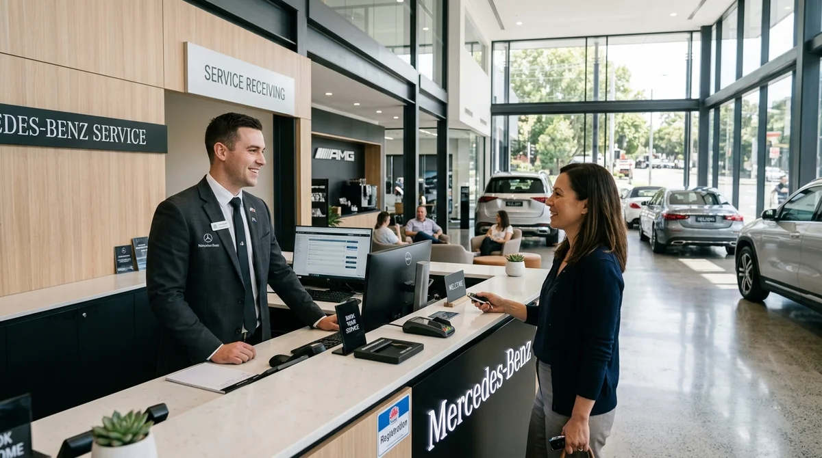Modern Australian automotive dealership showroom with service advisor and customer