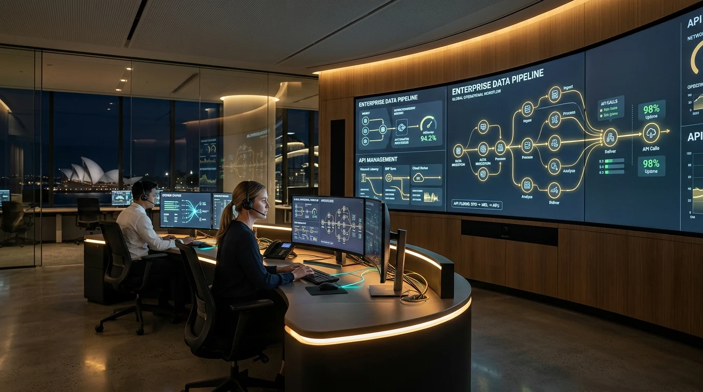 Modern enterprise workflow automation control room with digital data pipelines in Melbourne