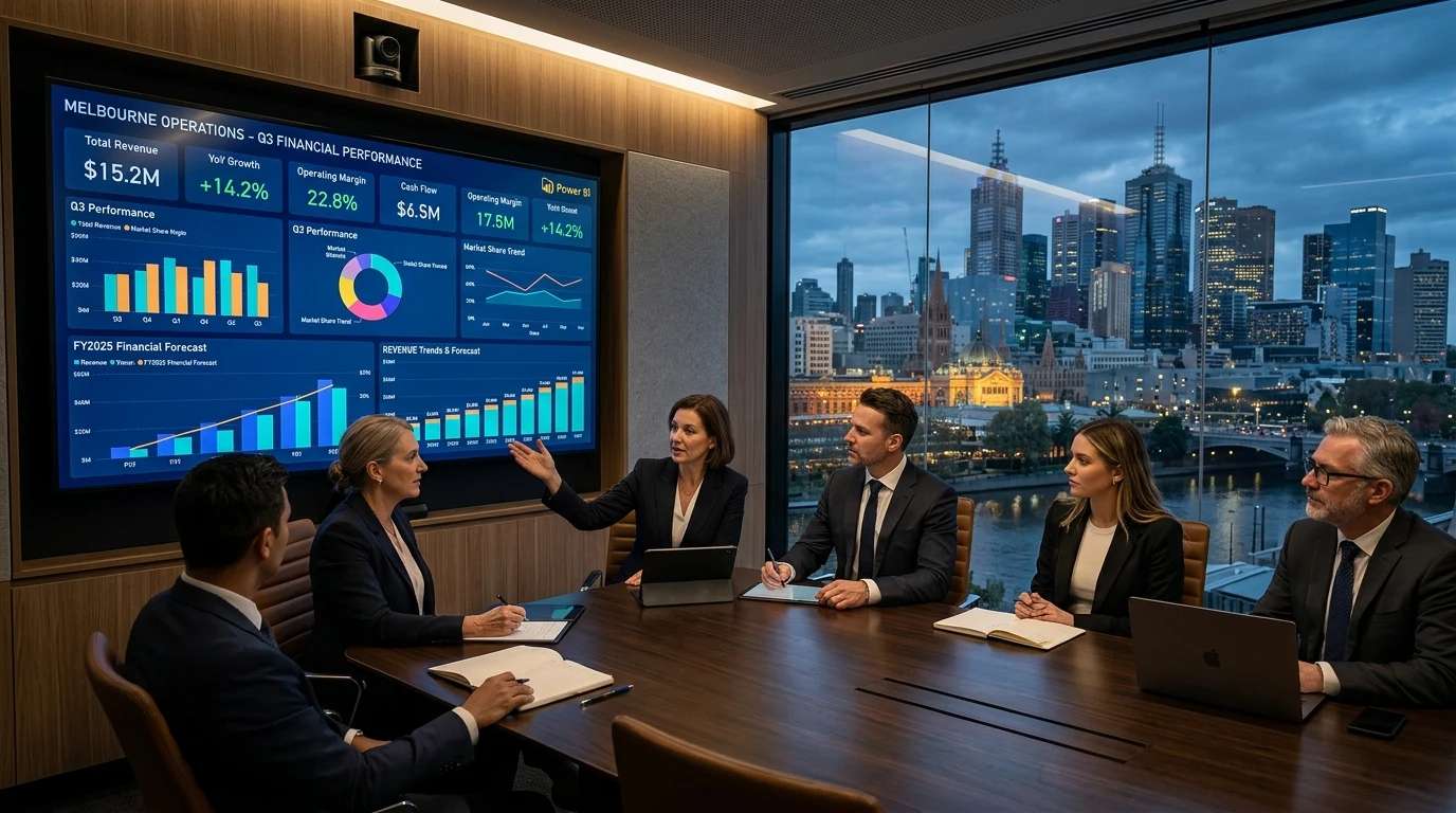 Executive boardroom in Melbourne with modern Power BI financial dashboards on 4K display