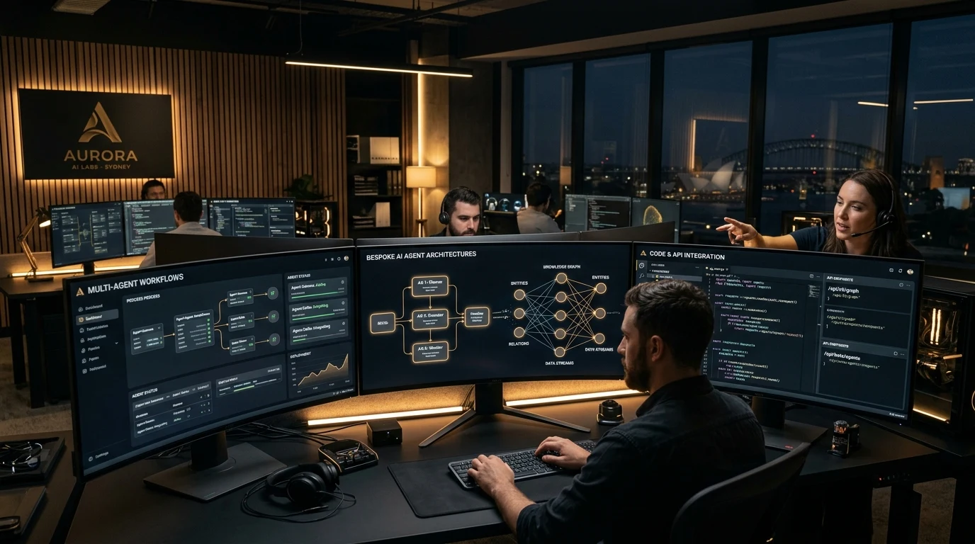 Modern AI software engineering laboratory in Melbourne with neural network code on curved monitors