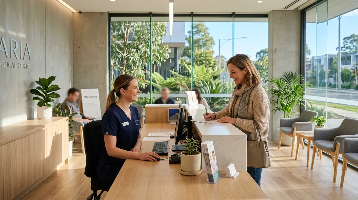 Professional Australian medical clinic reception desk with receptionist assisting patient
