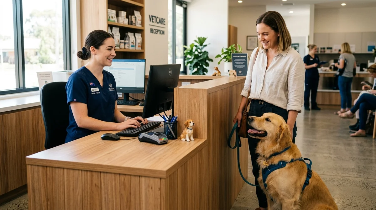 Australian veterinary clinic examination room with vet nurse and patient